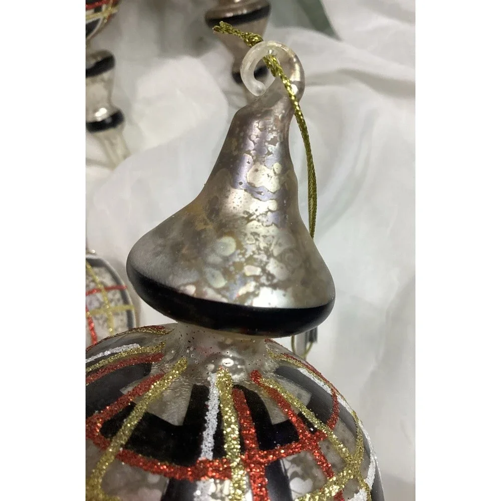 Mercury Glass Finial Christmas Plaid Ornaments X5 Black, Red, Gold & Silver 9